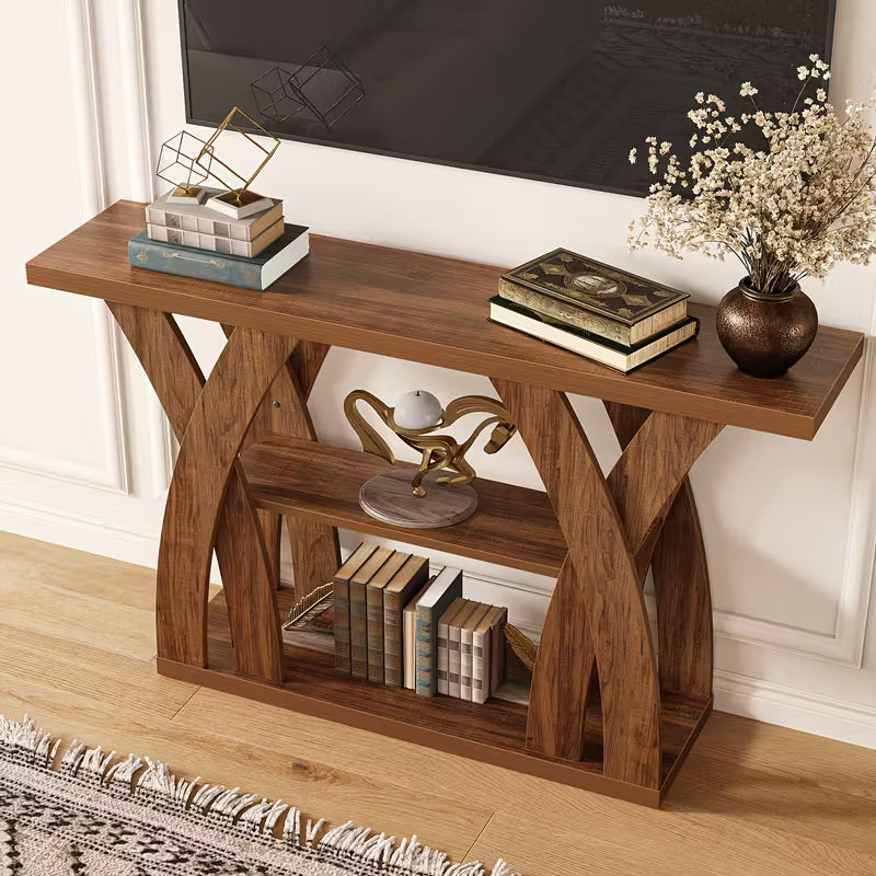 55" Rustic Farmhouse Console Table – X‑Leg Design, 2‑Tier Storage Shelf
