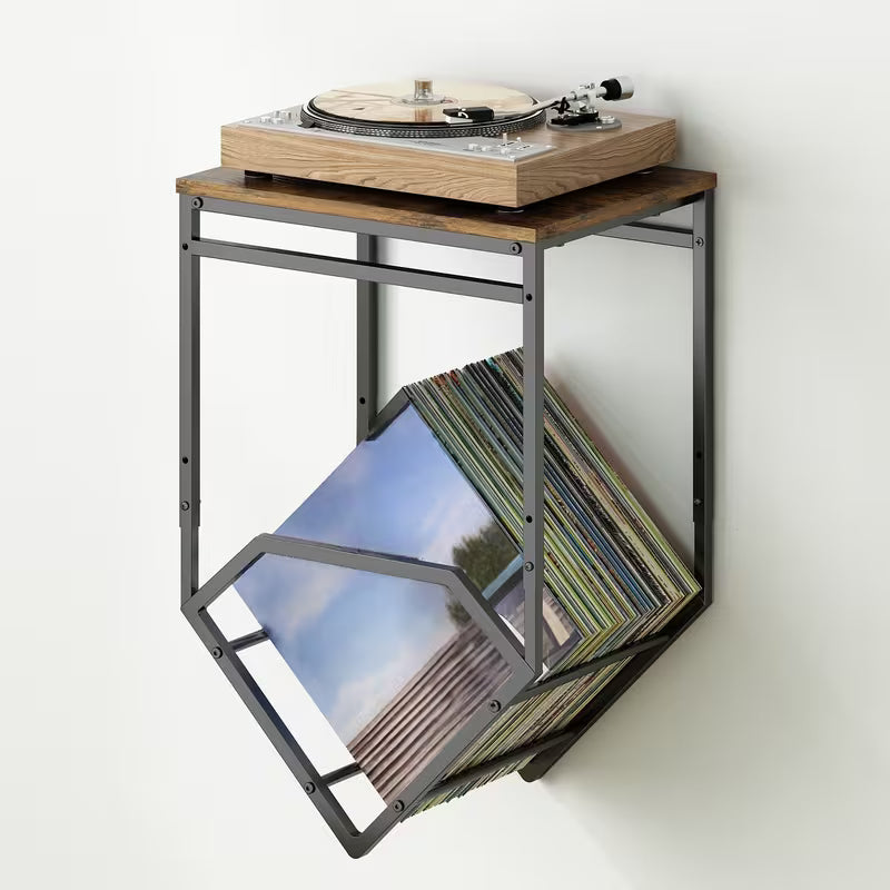 Wall‑Mounted Record Player Stand with Storage – Metal Audio Shelf for Albums & Speakers