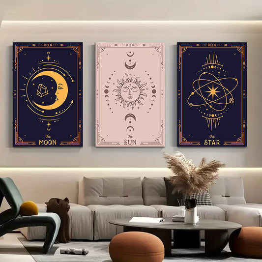 3‑Piece Celestial Moon Sun Star Canvas Wall Art Set – Framed Waterproof Prints (Wrapped Canvas)