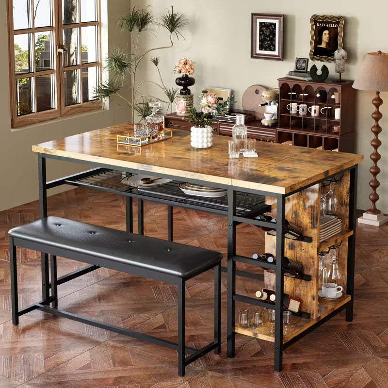 53" Space‑Saving 3‑Piece Dining Table Set with Wine Rack, Glass Holder & Storage – Table + 2 Benches (Brown)