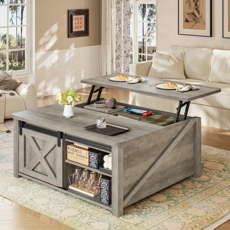 Farmhouse Lift‑Top Coffee Table with Hidden Storage  Square Living Room Table