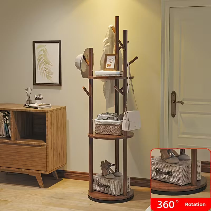 360° Rotating Hardwood Coat Rack – Freestanding Organizer with Hooks, Baskets & Shelves (Wood Color)