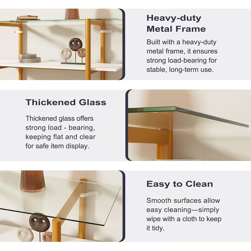 Mid‑Century Modern Glass Sofa Table – 2‑Tier Entryway & Behind‑Couch Table with Golden Metal Legs (White / Brown)