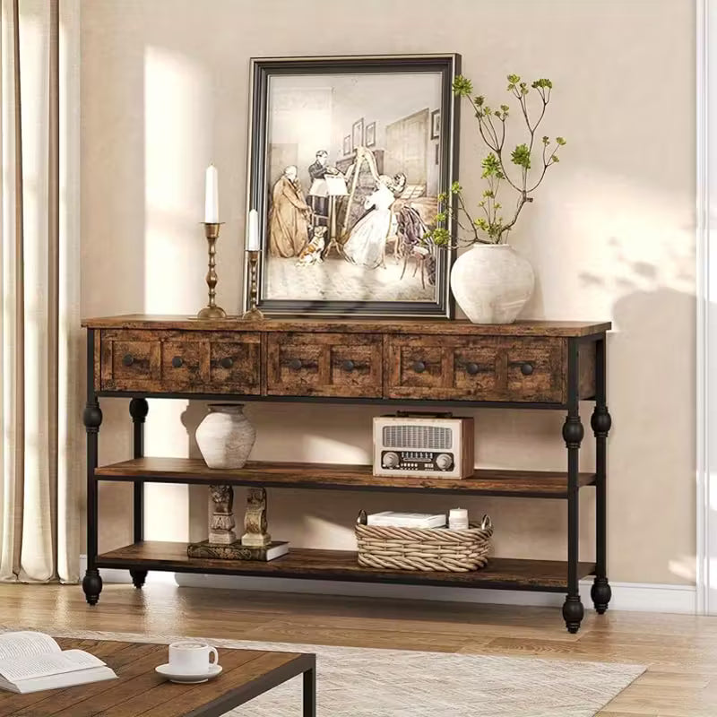 Industrial 3‑Tier Console Table with Drawers – Metal Frame, Open Storage & Rustic Finish