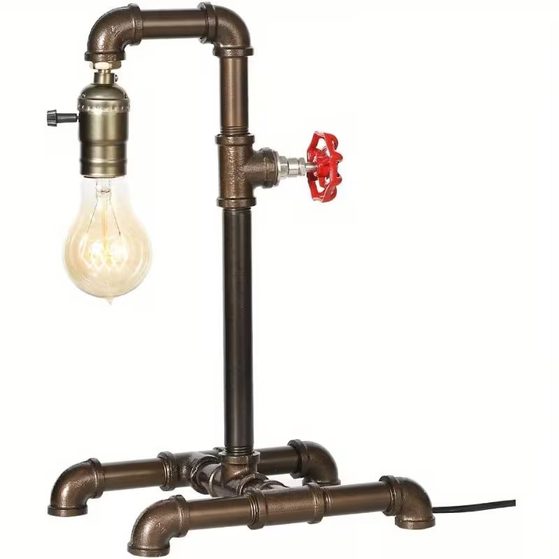 Industrial Steampunk Desk Lamp – Rustic Bronze Metal Pipe Lamp with Red Valve & Exposed Bulb Design (Bulb Not Included)
