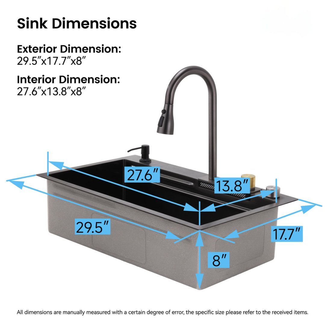 Waterfall Kitchen Sink, Stainless Steel Single Bowl In Black, Multifunctional Workstation With Flying-rain Faucet And Cutting Board, Stainless Steel Single Bowl Sink, LS-SSBL05