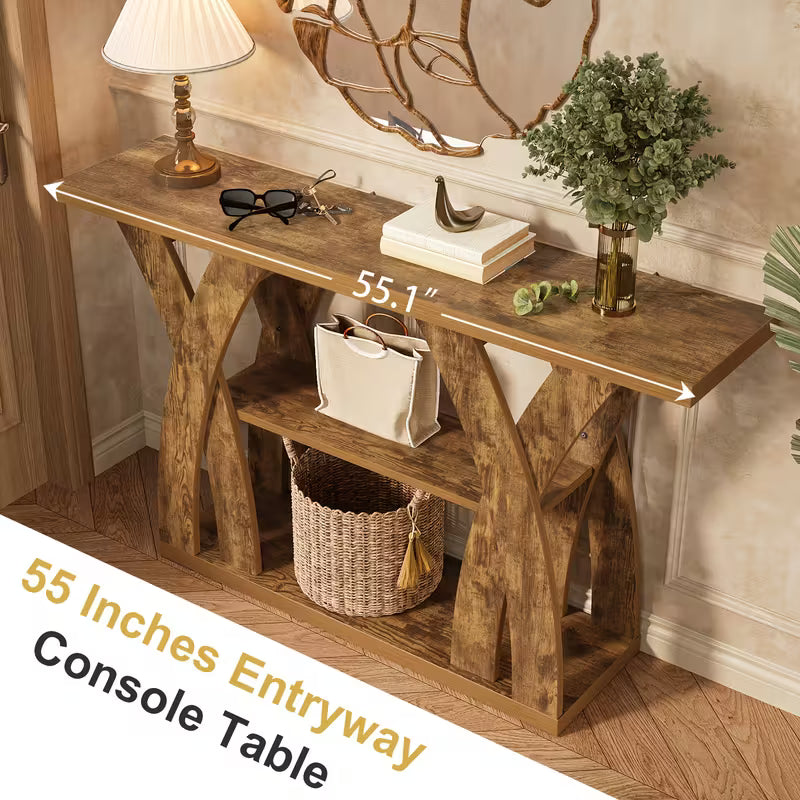 55" Rustic Farmhouse Console Table – X‑Leg Design, 2‑Tier Storage Shelf