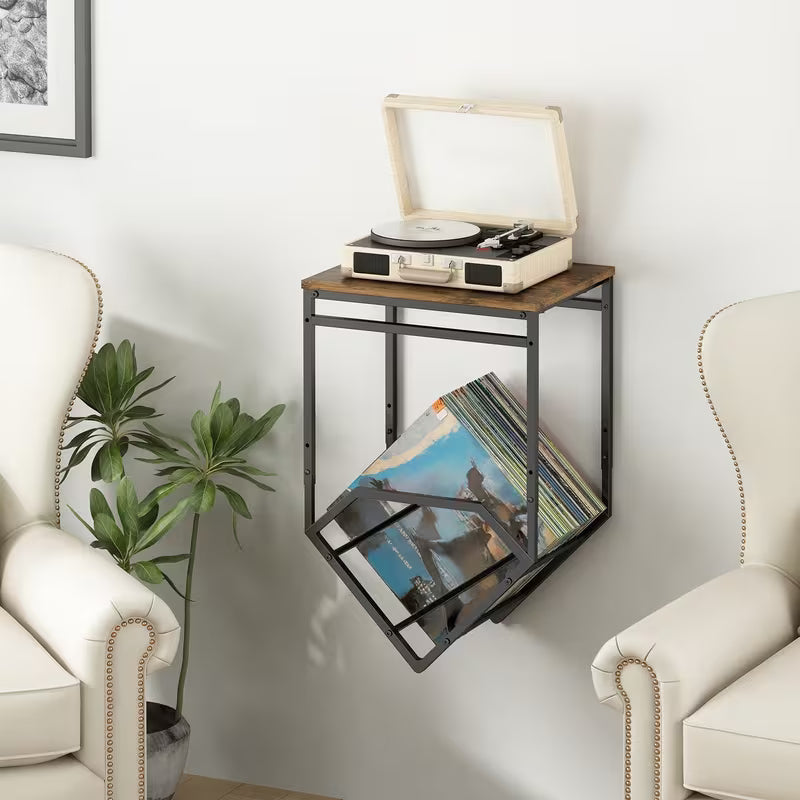 Wall‑Mounted Record Player Stand with Storage – Metal Audio Shelf for Albums & Speakers