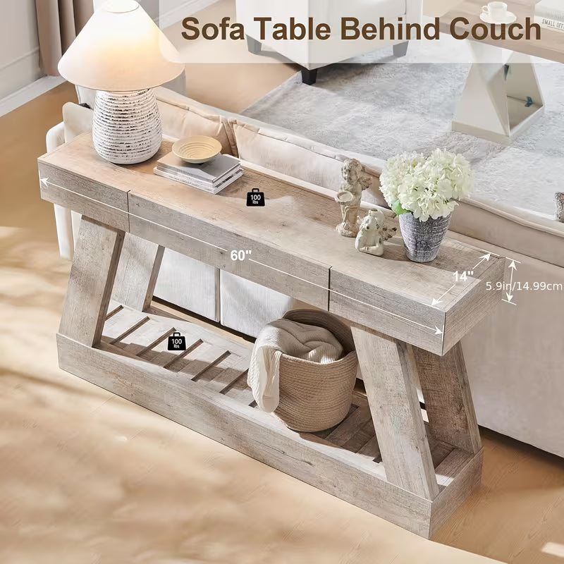 60" Rustic Farmhouse Entry Table – Storage Drawer & Wood Top