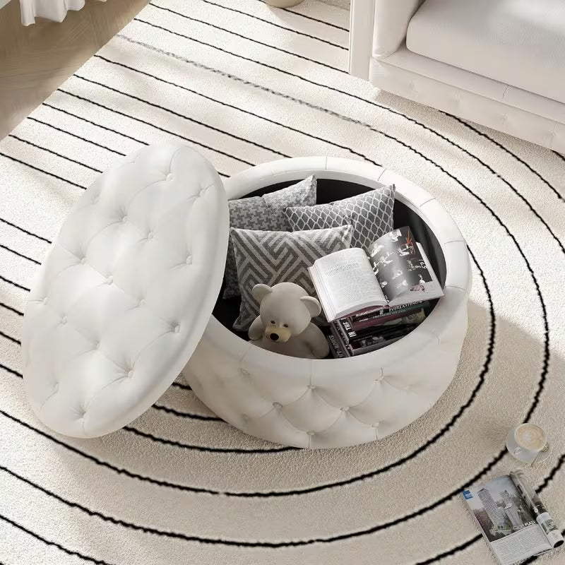 30" Round Storage Ottoman with Removable Lid & Reversible Tray – Button‑Tufted Coffee Table Footrest (Cream White)