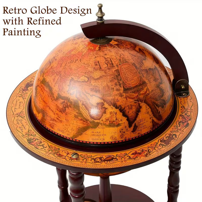 Italian Globe Bar Stand – Rolling Wine Cabinet with World Map, Bottle Storage & Eucalyptus Wood Frame (Walnut)