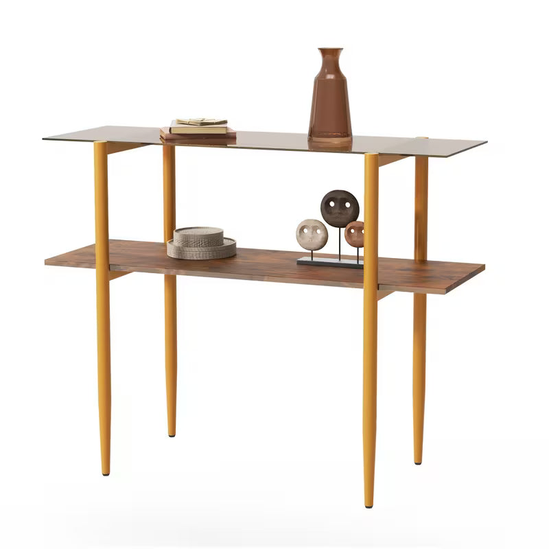 Mid‑Century Modern Glass Sofa Table – 2‑Tier Entryway & Behind‑Couch Table with Golden Metal Legs (White / Brown)