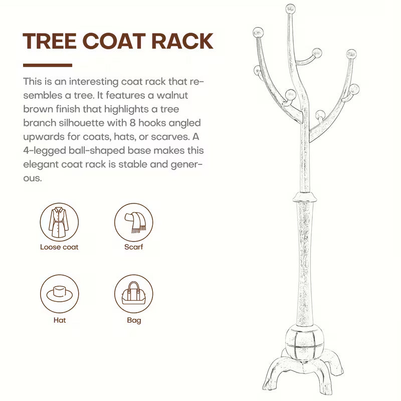 Freestanding Wooden Coat Rack – Tree‑Branch Design with 8 Hooks & Stable Sphere Base (Walnut Brown)