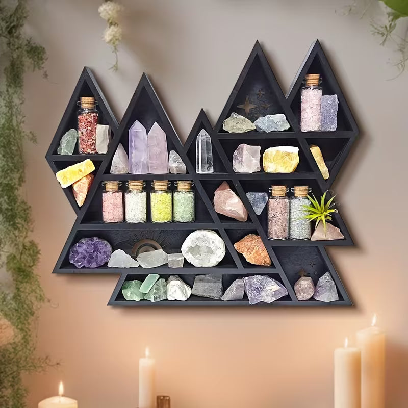 Bohemian Mountain‑Shaped Floating Shelf – Multi‑Compartment Wall Display for Crystals, Trinkets & Décor (Artificial Wood)