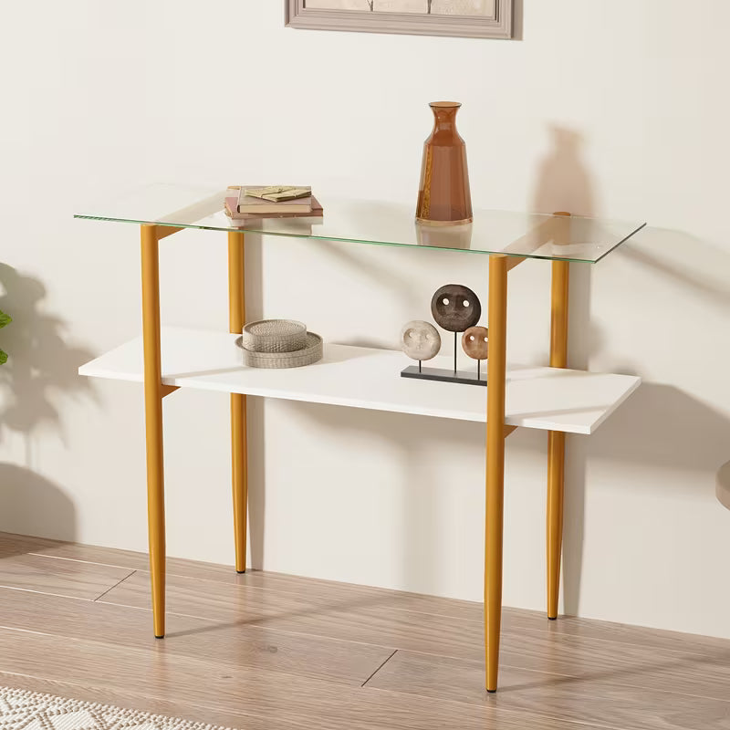 Mid‑Century Modern Glass Sofa Table – 2‑Tier Entryway & Behind‑Couch Table with Golden Metal Legs (White / Brown)