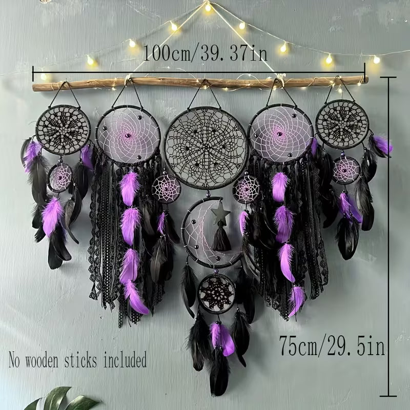 Large Bohemian Dreamcatcher Wall Hanging – Handmade Metal Frame with Feathers (Purple)