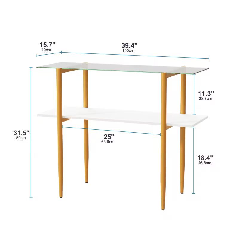 Mid‑Century Modern Glass Sofa Table – 2‑Tier Entryway & Behind‑Couch Table with Golden Metal Legs (White / Brown)
