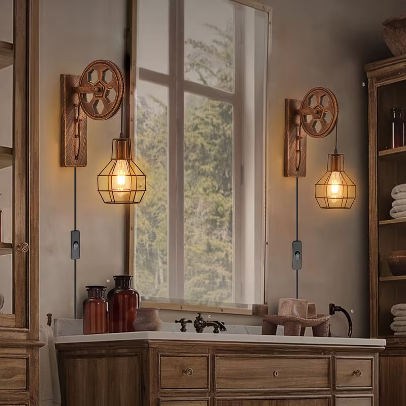 Plug‑In Industrial Wall Lamp Set (2‑Pack) – Retro Farmhouse Cage Sconces with Pulley Bracket & Switch (E26, Bulbs Not Included)