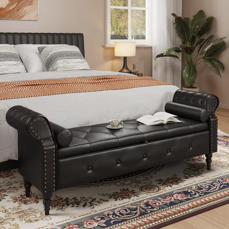 65" Upholstered Storage Bench – Faux Leather Tufted Bed Bench with Rolled Arms & Nailhead Trim (Deep Hidden Storage)