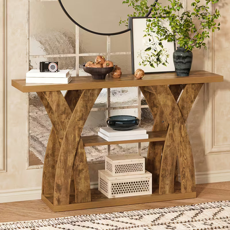 55" Rustic Farmhouse Console Table – X‑Leg Design, 2‑Tier Storage Shelf