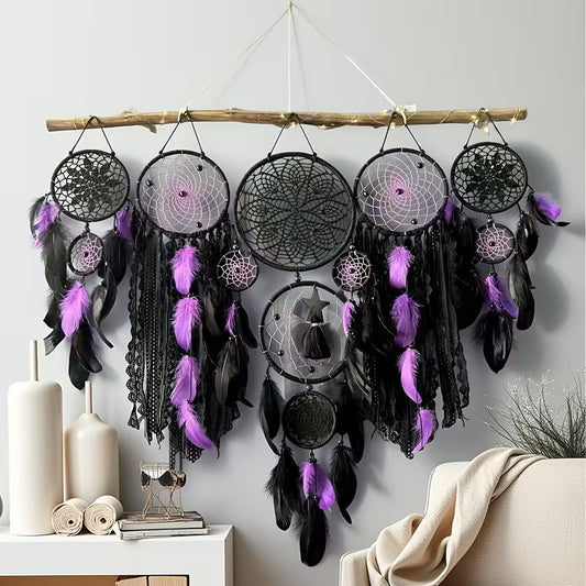 Large Bohemian Dreamcatcher Wall Hanging – Handmade Metal Frame with Feathers (Purple)