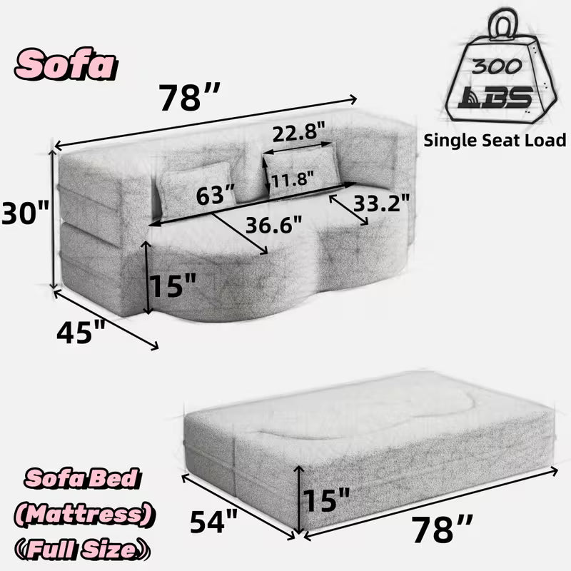 Convertible Corduroy Sofa Bed with 2 Pillows – 15" Full‑Size Folding Mattress, No Assembly Required