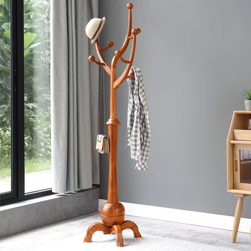 Freestanding Wooden Coat Rack – Tree‑Branch Design with 8 Hooks & Stable Sphere Base (Walnut Brown)