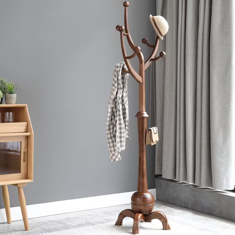 Freestanding Wooden Coat Rack – Tree‑Branch Design with 8 Hooks & Stable Sphere Base (Walnut Brown)