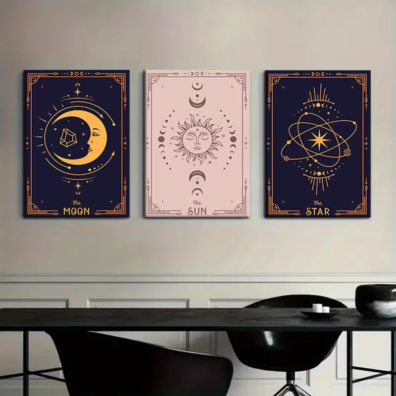 3‑Piece Celestial Moon Sun Star Canvas Wall Art Set – Framed Waterproof Prints (Wrapped Canvas)