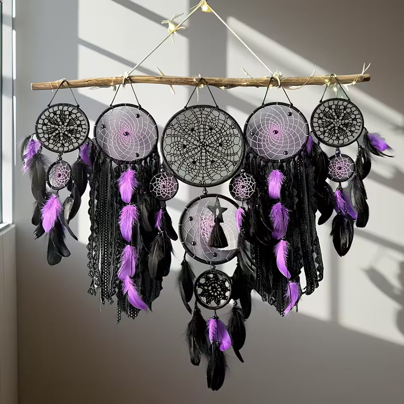 Large Bohemian Dreamcatcher Wall Hanging – Handmade Metal Frame with Feathers (Purple)