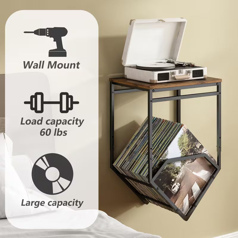 Wall‑Mounted Record Player Stand with Storage – Metal Audio Shelf for Albums & Speakers