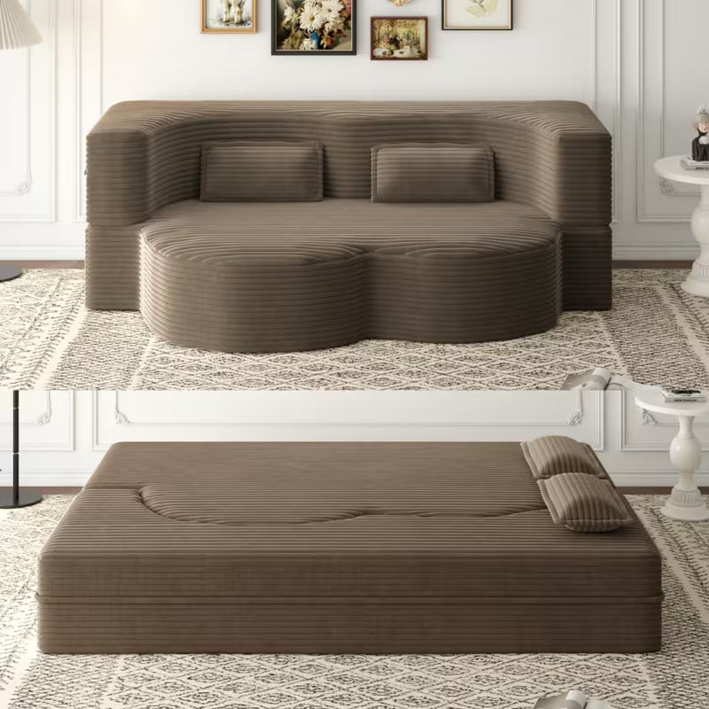 Convertible Corduroy Sofa Bed with 2 Pillows – 15" Full‑Size Folding Mattress, No Assembly Required