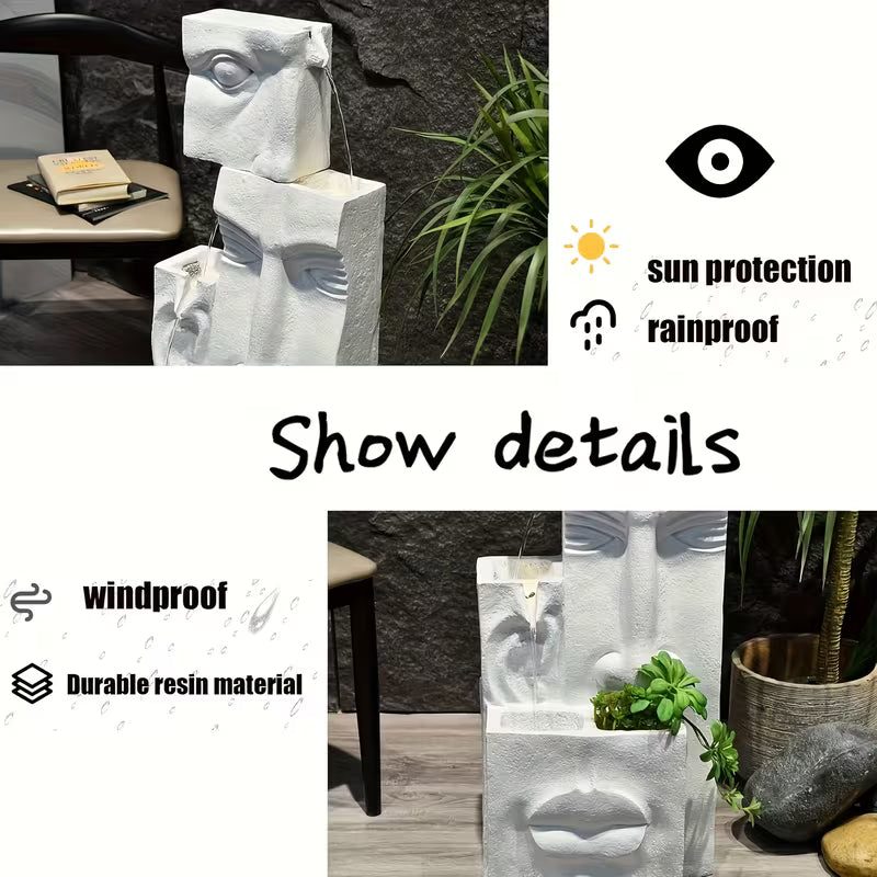 4‑Tier Modern Face Waterfall Fountain with LED Lights – 35" Indoor/Outdoor Sculpture