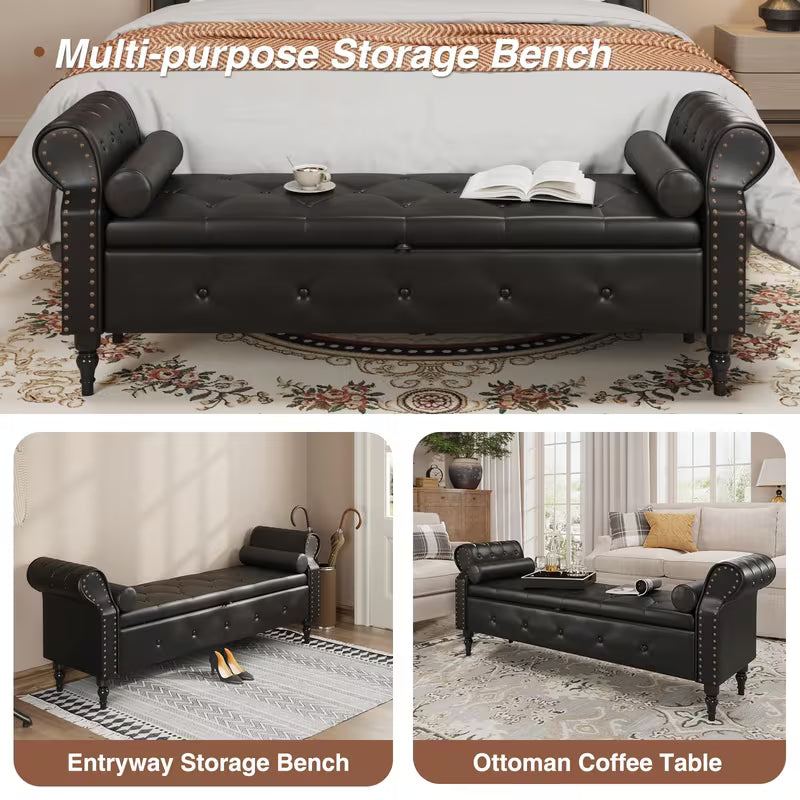 65" Upholstered Storage Bench – Faux Leather Tufted Bed Bench with Rolled Arms & Nailhead Trim (Deep Hidden Storage)