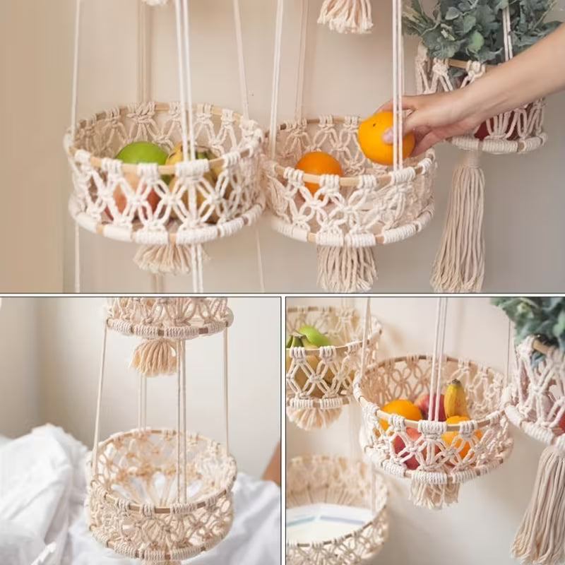Macrame Hanging Fruit Basket – 1/2/3‑Tier Boho Wall Storage for Fruits, Vegetables & Indoor Plants (Natural Cotton)