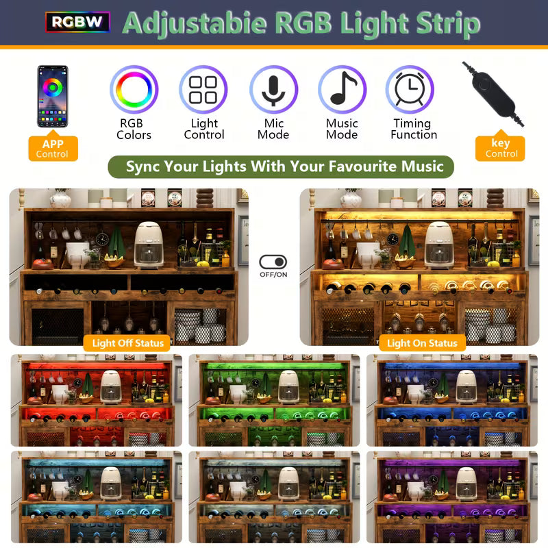 Modern LED‑Lit Storage Buffet with Wine Cabinet, Mesh Door & Glass Bar – Coffee Station Sideboard (Brown/Black)