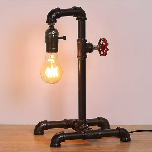 Industrial Steampunk Desk Lamp – Rustic Bronze Metal Pipe Lamp with Red Valve & Exposed Bulb Design (Bulb Not Included)