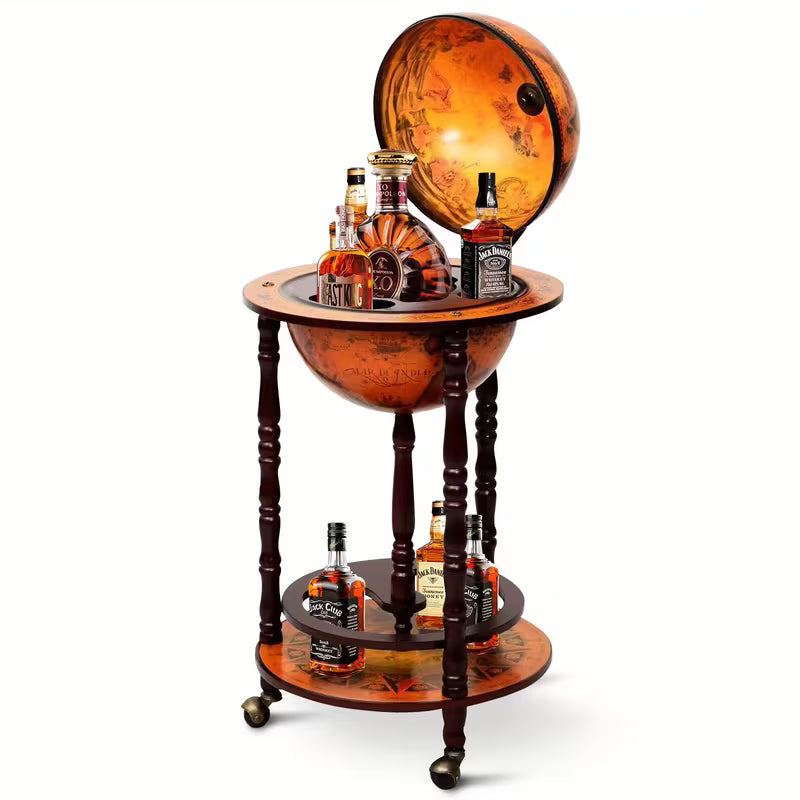 Italian Globe Bar Stand – Rolling Wine Cabinet with World Map, Bottle Storage & Eucalyptus Wood Frame (Walnut)