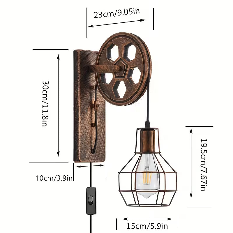Plug‑In Industrial Wall Lamp Set (2‑Pack) – Retro Farmhouse Cage Sconces with Pulley Bracket & Switch (E26, Bulbs Not Included)