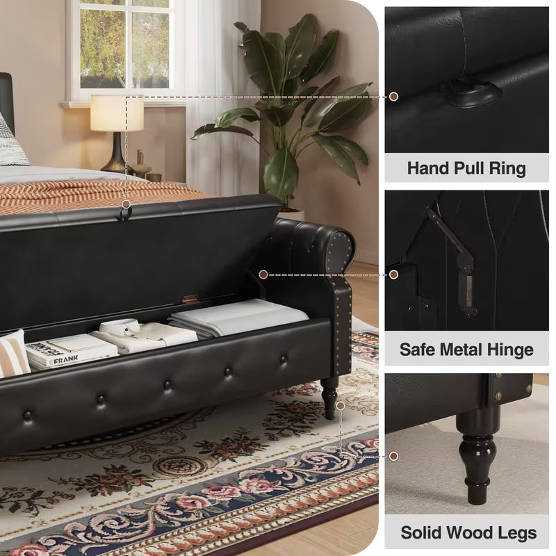 65" Upholstered Storage Bench – Faux Leather Tufted Bed Bench with Rolled Arms & Nailhead Trim (Deep Hidden Storage)