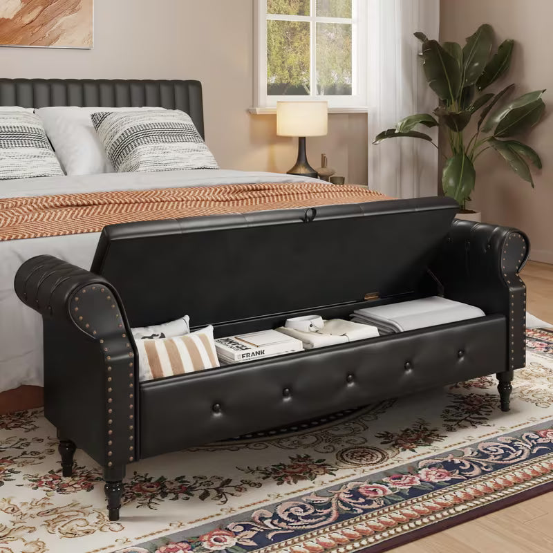65" Upholstered Storage Bench – Faux Leather Tufted Bed Bench with Rolled Arms & Nailhead Trim (Deep Hidden Storage)