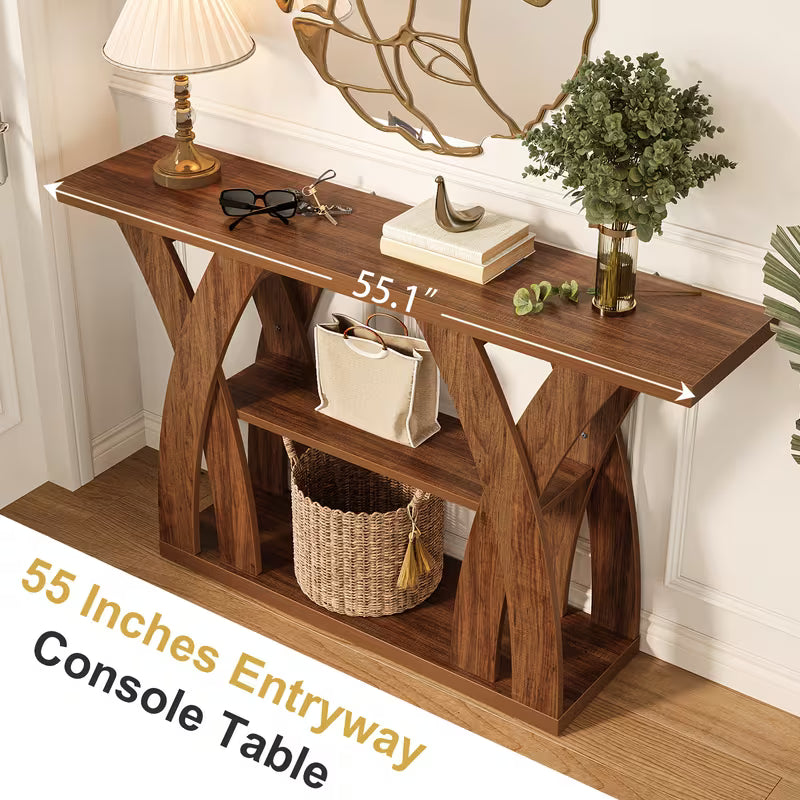 55" Rustic Farmhouse Console Table – X‑Leg Design, 2‑Tier Storage Shelf