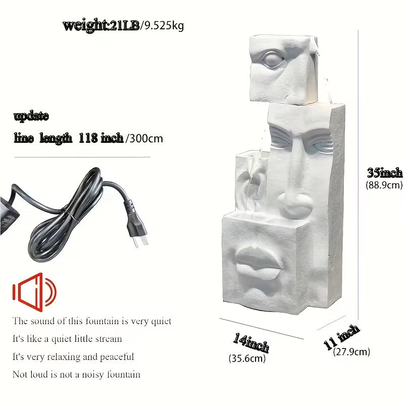 4‑Tier Modern Face Waterfall Fountain with LED Lights – 35" Indoor/Outdoor Sculpture