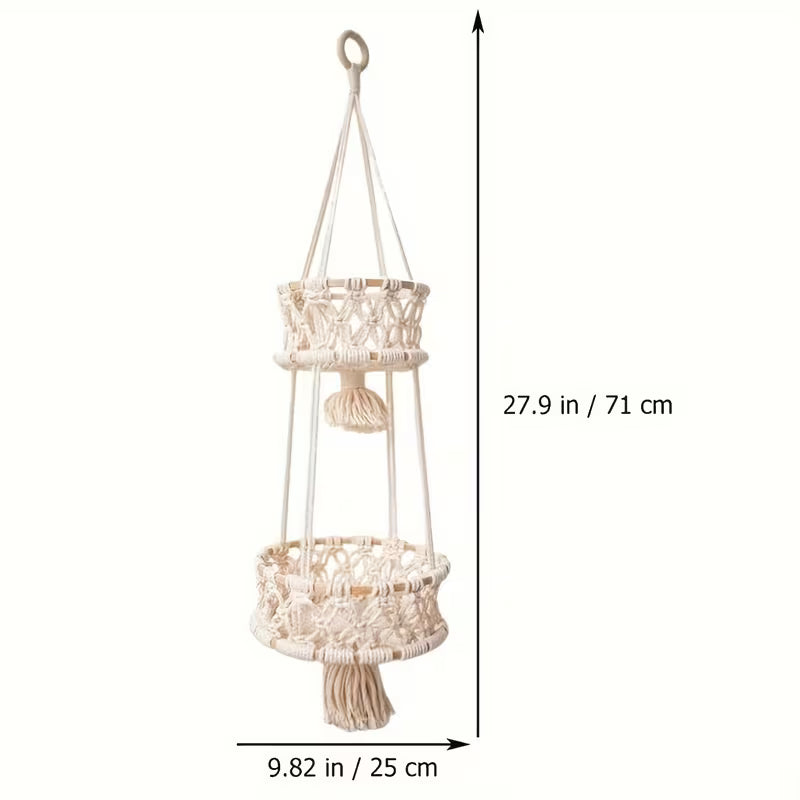 Macrame Hanging Fruit Basket – 1/2/3‑Tier Boho Wall Storage for Fruits, Vegetables & Indoor Plants (Natural Cotton)