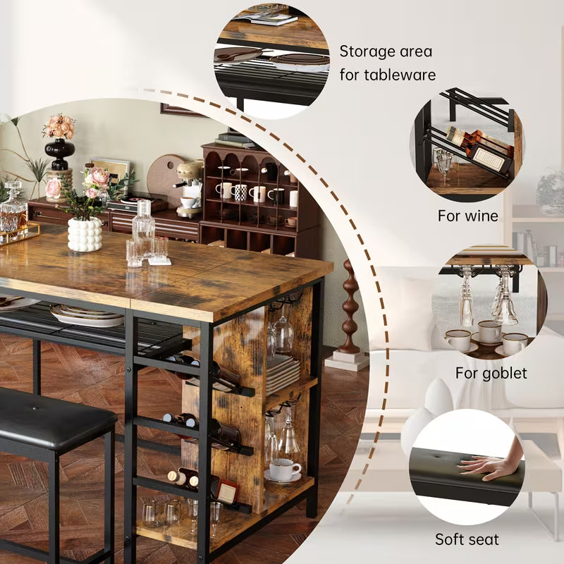 53" Space‑Saving 3‑Piece Dining Table Set with Wine Rack, Glass Holder & Storage – Table + 2 Benches (Brown)