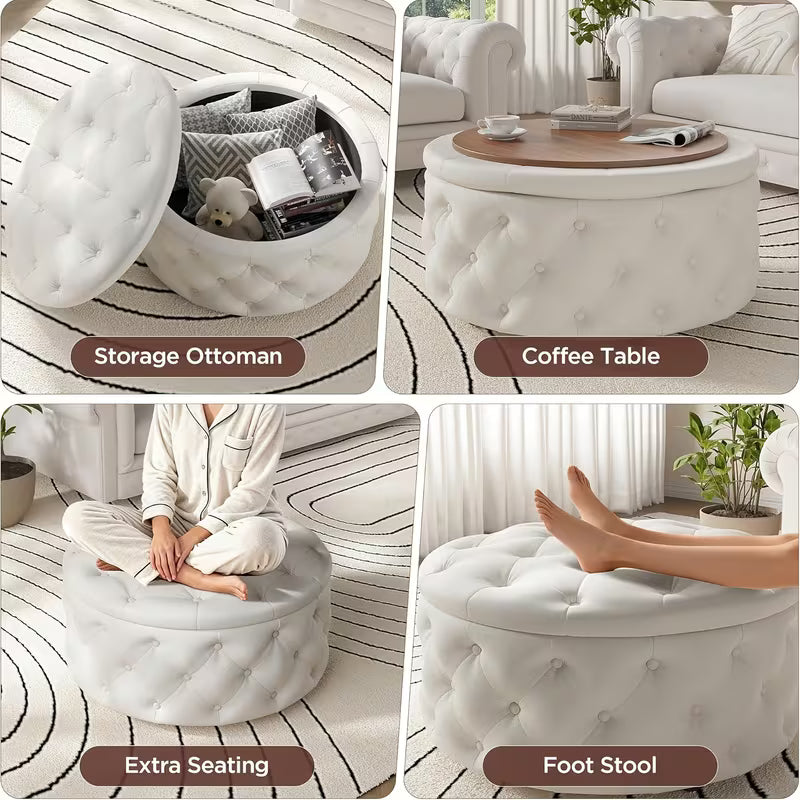 30" Round Storage Ottoman with Removable Lid & Reversible Tray – Button‑Tufted Coffee Table Footrest (Cream White)