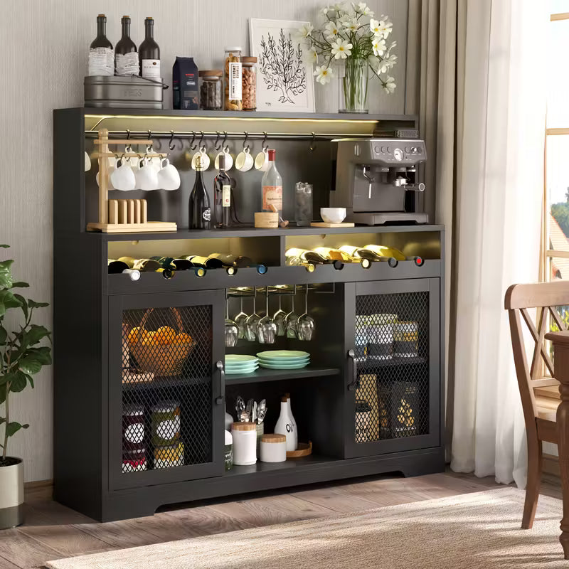 Modern LED‑Lit Storage Buffet with Wine Cabinet, Mesh Door & Glass Bar – Coffee Station Sideboard (Brown/Black)