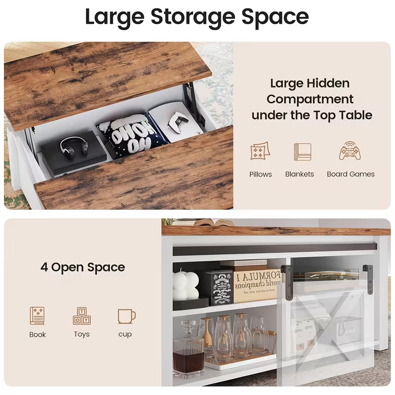 Farmhouse Lift‑Top Coffee Table with Hidden Storage  Square Living Room Table
