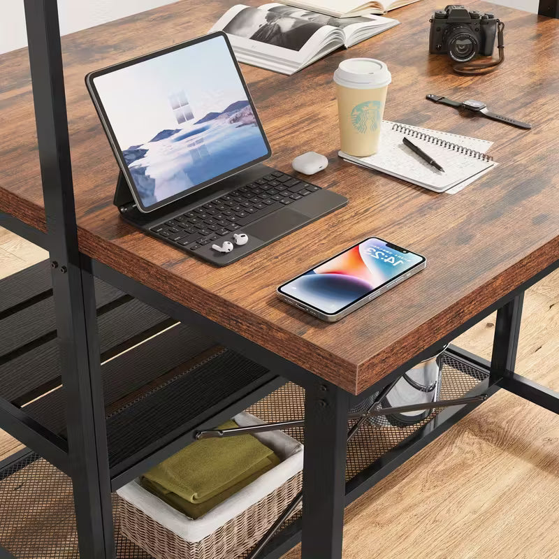 42" Multi‑Functional Kitchen Island with Storage & Seating – 3‑Tier Baker’s Rack, Microwave Stand & Dining Table (Brown)