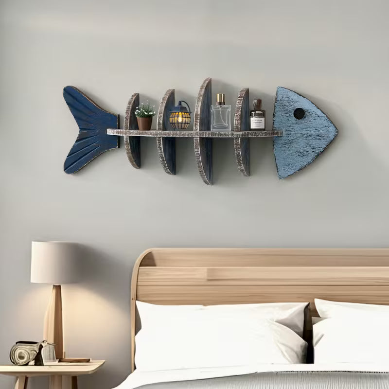 Mediterranean Wooden Fishbone Wall Shelf – Minimalist Nordic Wall‑Mounted Decorative Shelf (Multiple Styles)